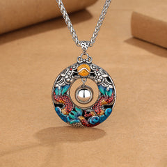 Double Dragon Copper Necklace – Twin koi fish enamel pendant with moving center sphere, woven rope chain
