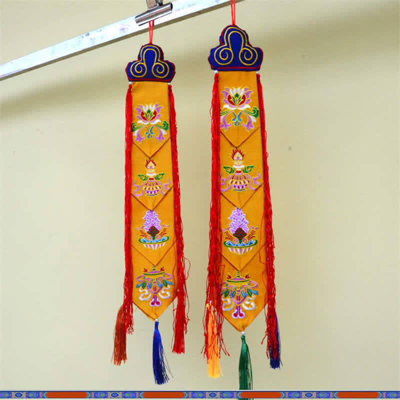 Lotus Auspicious Wall Art – Matching silk banners with sacred motifs and tassels, Temple decor
