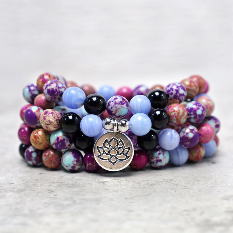 Purple Miano Real Stone Lotus Mala – stacked coil showing purple jasper and onyx beads, calm energy