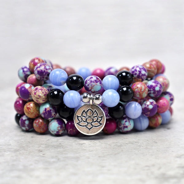 Purple Miano Real Stone Lotus Mala – stacked coil showing purple jasper and onyx beads, calm energy