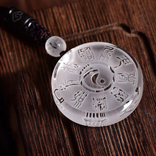 Clear Quartz Bagua Pendant - yin-yang and eight Chinese trigrams on crystal disc, Taoist necklace purple cord