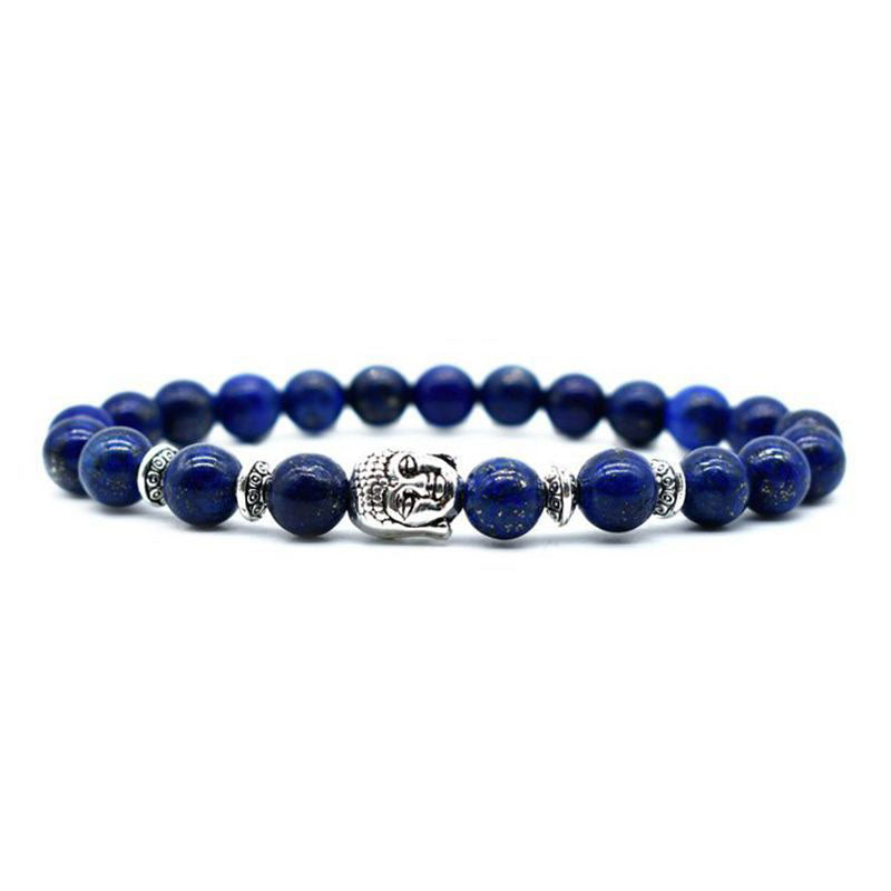 Amethyst Buddha Bracelet – Deep blue lapis lazuli beads with silver Buddha charm front view, wisdom