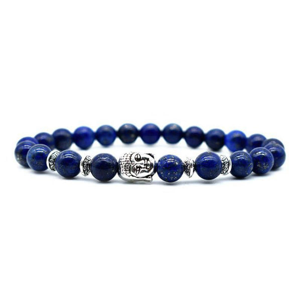 Amethyst Buddha Bracelet – Deep blue lapis lazuli beads with silver Buddha charm front view, wisdom