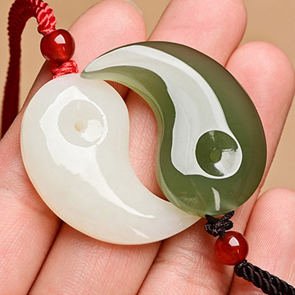 Yin Yang Jade Necklace – White jade crescent pendant on red silk cord, traditional Chinese style necklace