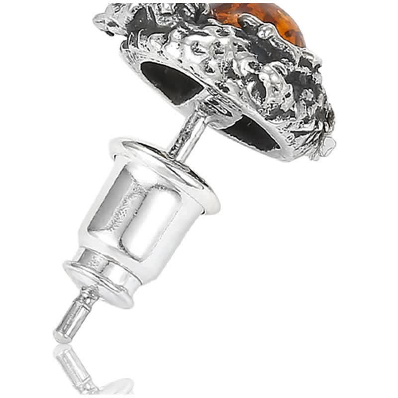 Sterling Silver Amber Dragon Earring – side profile with ornate filigree and honey amber, Artisan