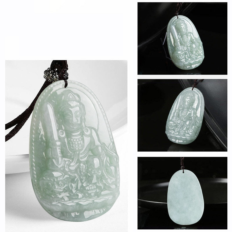 Zodiac Buddha Jade Necklace – four views of guardian Buddha jade pendant, white and dark backgrounds, carving depth