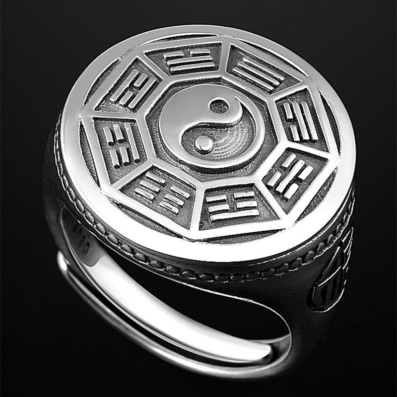 Yin Yang Copper Adjustable Ring – Silver yin-yang with trigrams and adjustable shank, signet ring