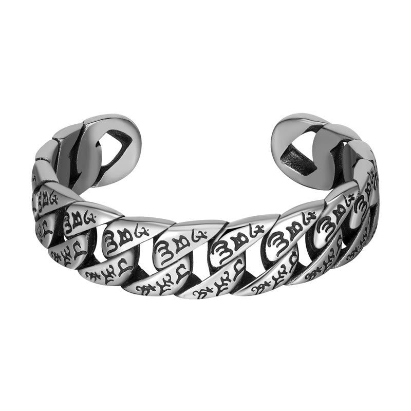 Tibetan Om Mani Padme Hum Cuff Bangle – front view on white, twisted silver links with Tibetan engraving, titanium steel