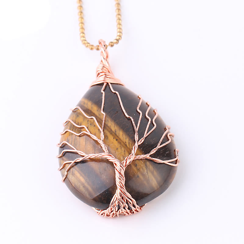Quartz Crystal Tree of Life Necklace – tiger eye teardrop pendant, rose gold wire tree, white background
