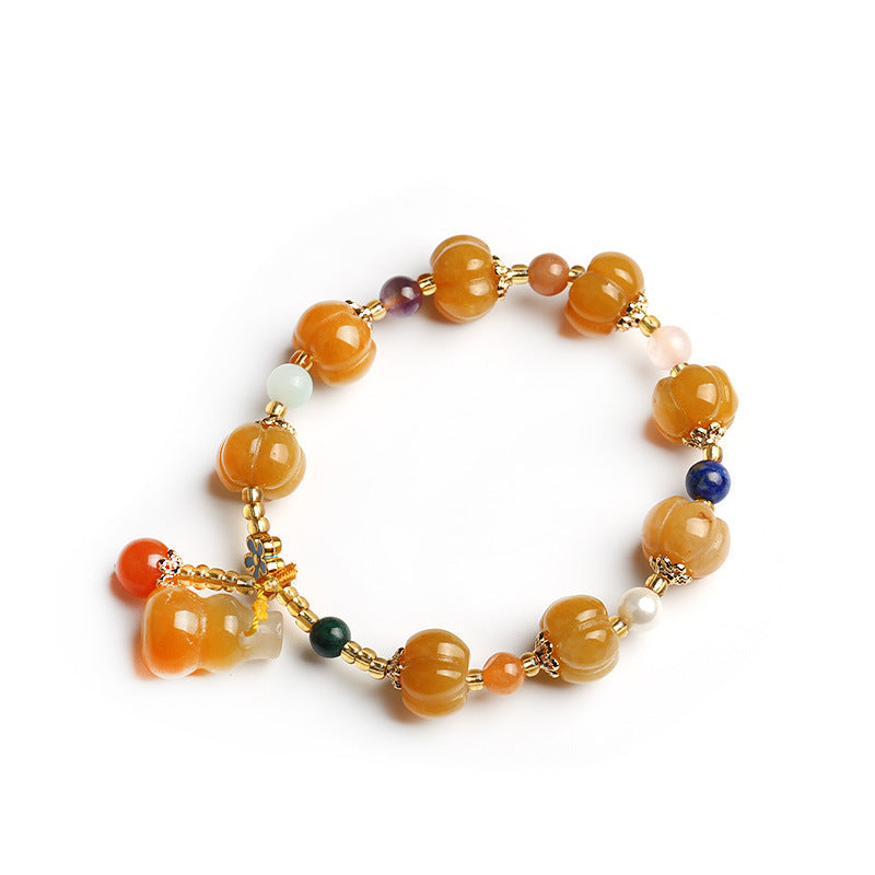 Golden Silk Jade Bracelet – full circle white background all beads Pixiu charm design view