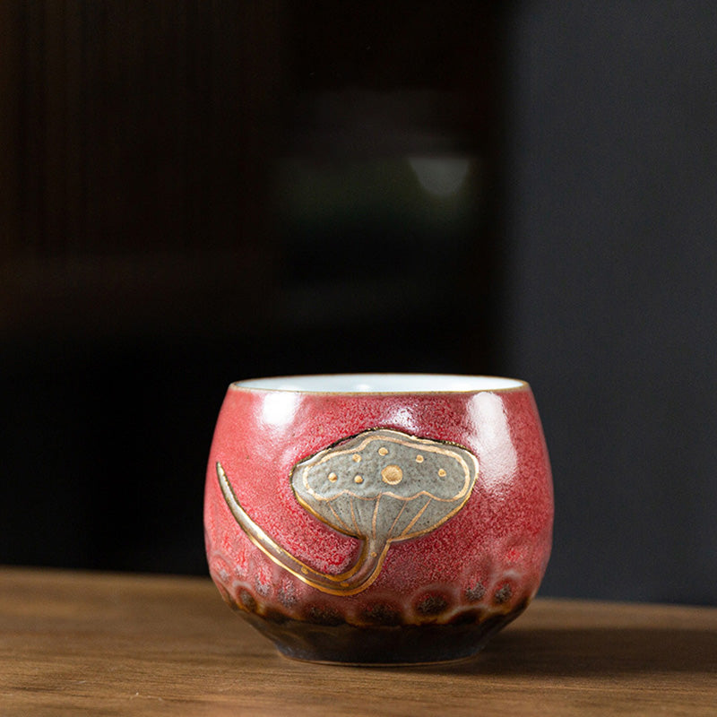 Lotus Pod Ceramic Kung Fu Tea Cup - Red crackle glaze cup with gold lotus pod, elegant