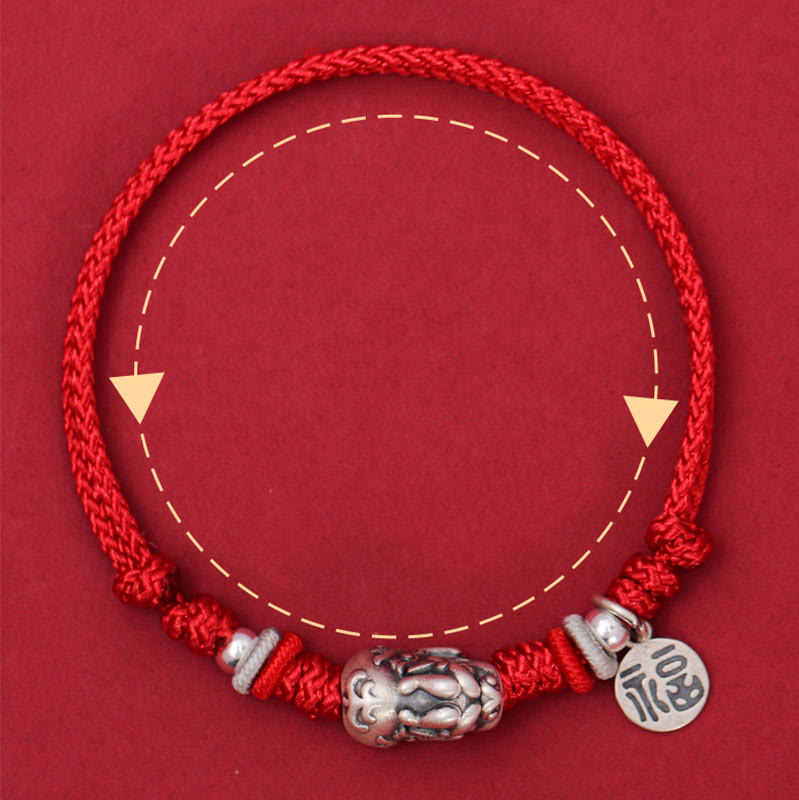 925 Silver PiXiu Fu Bracelet – Red cord with adjustable size indicators on red background
