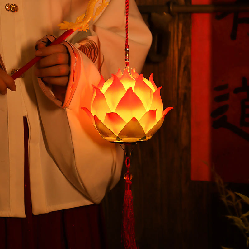 DIY Lotus Dragon Lantern Tassel Lamp – Golden lotus lantern held indoors near calligraphy and dragon wand, Intimate warmth