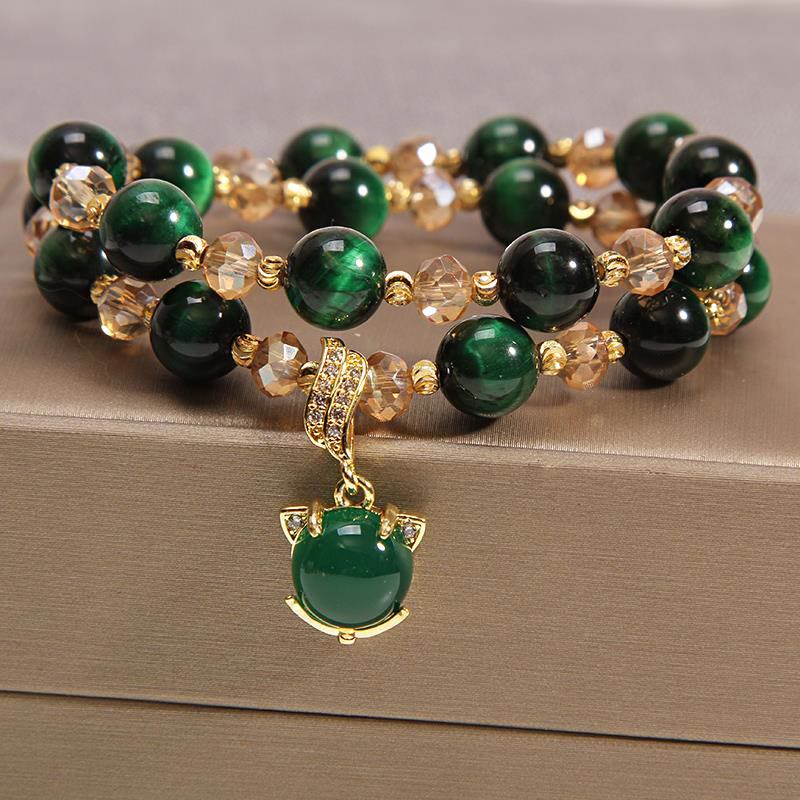 Tiger Eye Pixiu Fox Money Bag Bracelet - double-strand green tiger eye beaded bracelet with matching green fox head charm, gold-toned metal setting with crystal bail, faceted champagne crystal accents