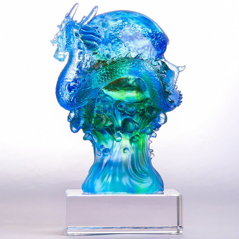 Azure Dragon Liuli Crystal – frontal dragon with translucent scales and wave base, protection