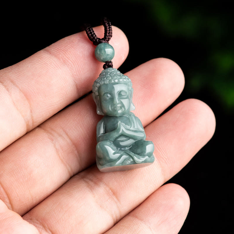 Natural Jade Meditation Buddha Amulet Necklace Serenity Pendant – soft white-green jade amulet, heart chakra healing pendant