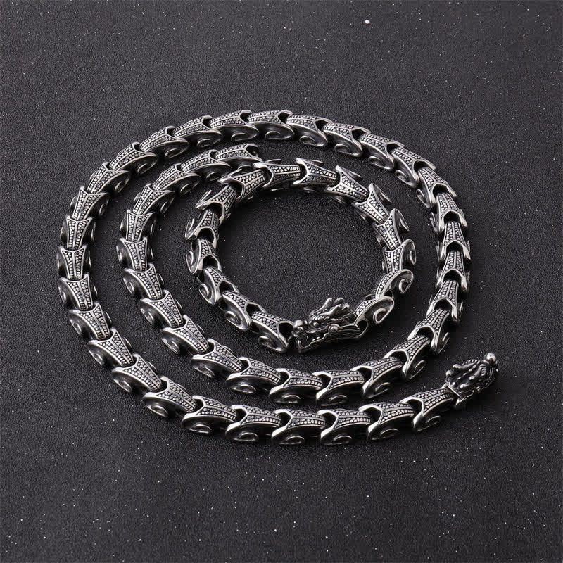 Dragon Necklace Bracelet Set - Coiled serpent chain with dual dragon heads, Strength
