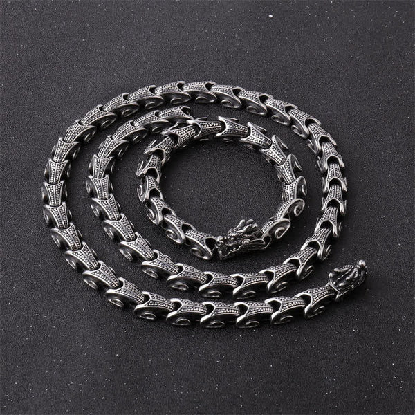 Dragon Necklace Bracelet Set - Coiled serpent chain with dual dragon heads, Strength