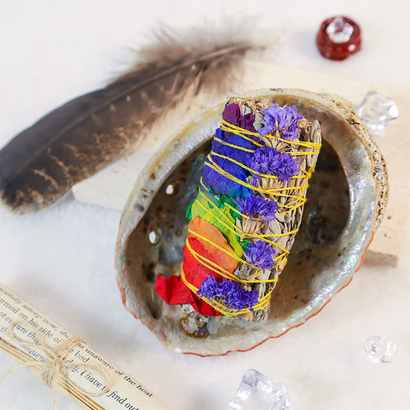 Smudge Stick Set with Abalone Shell - Stick in shell beside feather with crystals, spiritual tools