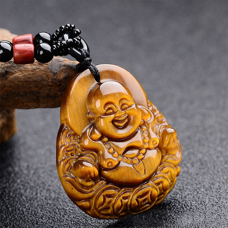 Natural Stone Buddha Success Bracelet – carved laughing Buddha pendant on wooden branch, golden brown chatoyant stone, natura