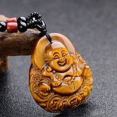 Natural Stone Buddha Success Bracelet – carved laughing Buddha pendant on wooden branch, golden brown chatoyant stone, natura