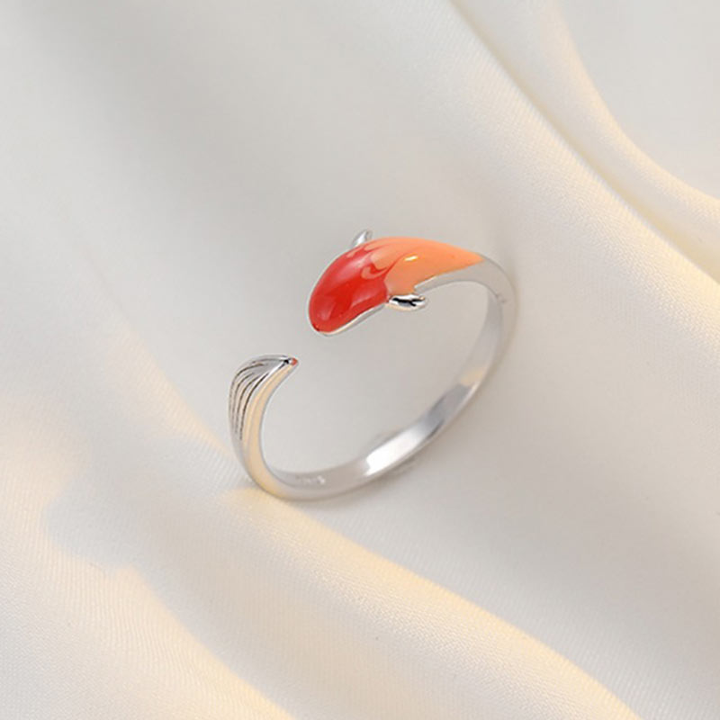 Copper Koi Fish Adjustable Ring – top view of koi fish engraved on copper ring face, detailed carving