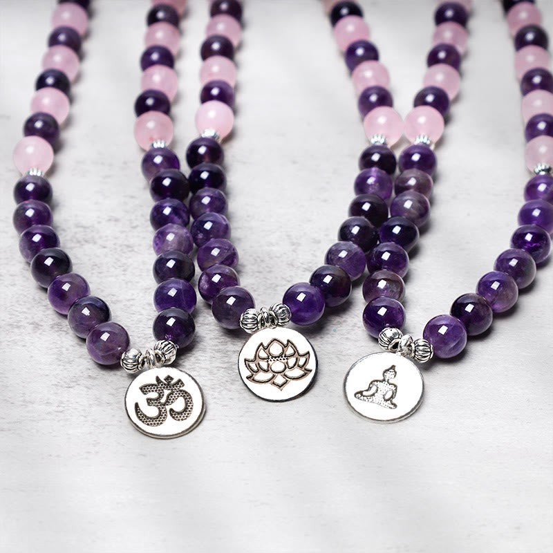 Rose Quartz Amethyst Mala Set – three bracelets with lotus OM and Buddha charms, variety set