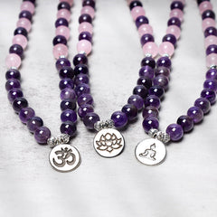Rose Quartz Amethyst Mala Set – three bracelets with lotus OM and Buddha charms, variety set