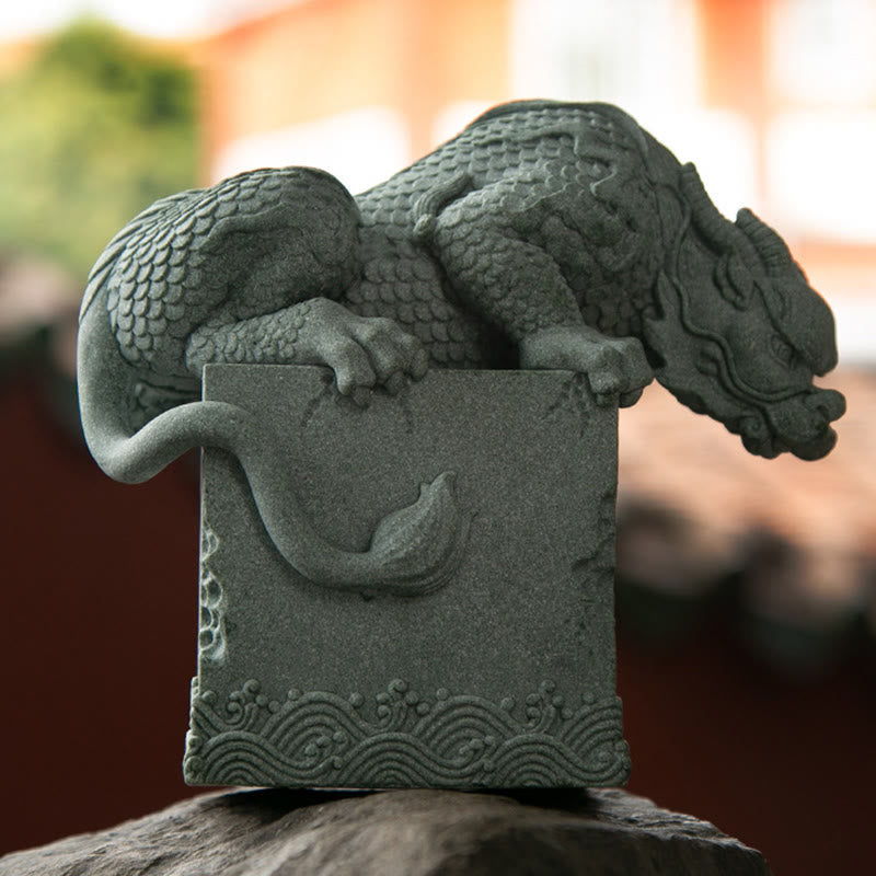 Feng Shui Dragon Sandstone Statue crouching dragon with 1.914kg weight annotation, wood base, detailed
