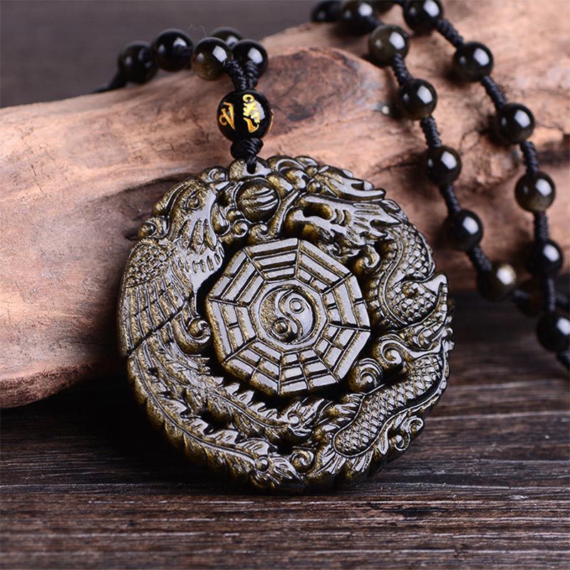 Golden Obsidian Pendant Necklace – Carved dragon phoenix yin yang on driftwood, protection jewelry