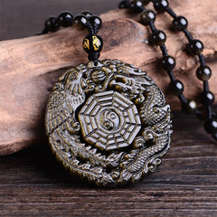 Golden Obsidian Pendant Necklace – Carved dragon phoenix yin yang on driftwood, protection jewelry