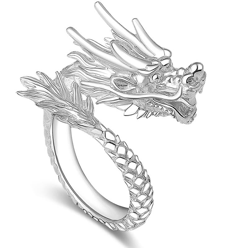 Sterling Silver Dragon Ring - pure white studio shot, polished silver finish and open band, elegant
