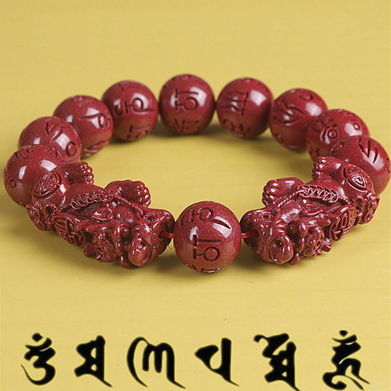 Double PiXiu Cinnabar Bracelet – Red cinnabar beads with two PiXiu and Om Mani Padme Hum text, wealth jewelry