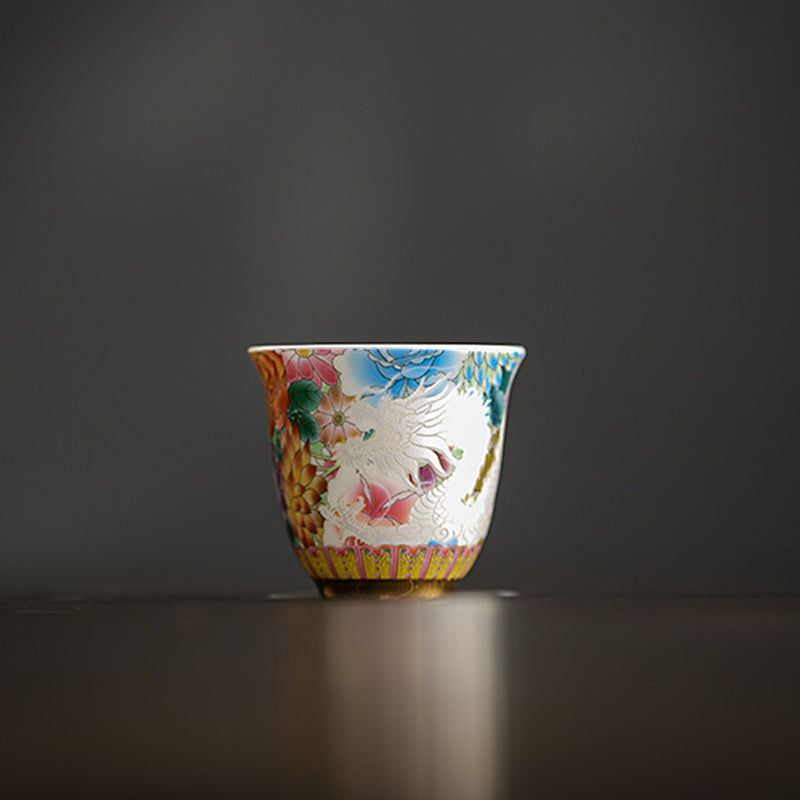 Dragon Phoenix Ceramic Teacup - Single cup showing white dragon with pink peonies on charcoal background, Elegant