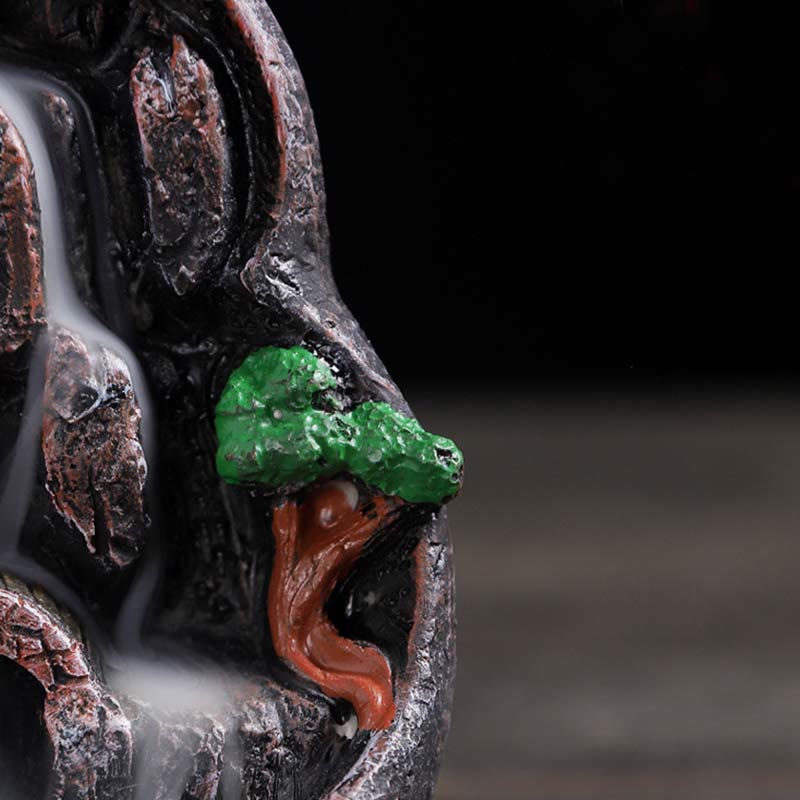 Resin Backflow Incense Burner – Jagged cliff face with lone green tree and thick white smoke waterfall, zen decor