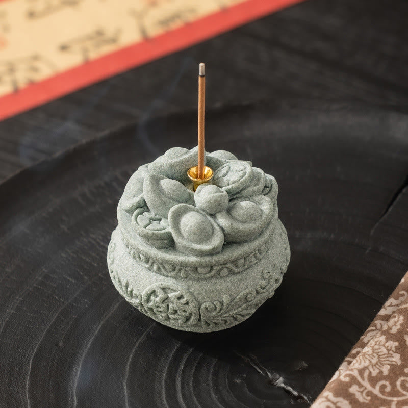 Fu Character Sandstone Incense Burner – lotus lid with incense stick on lacquered tray, sandstone burner