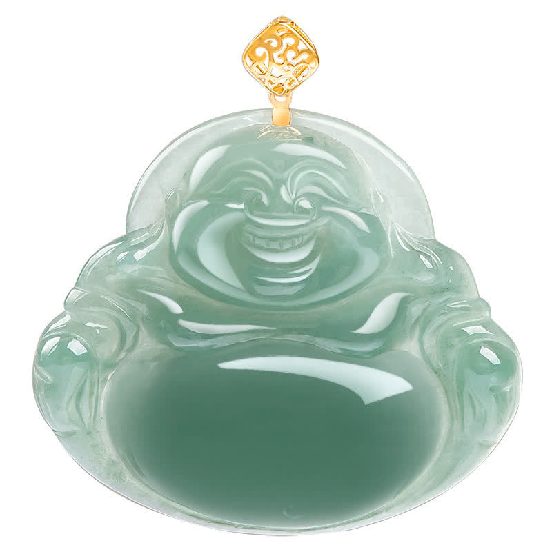 Laughing Buddha Jade Prosperity Necklace 18K Gold Abundance Pendant – matte gold polished jade chain, texture contrast neckla
