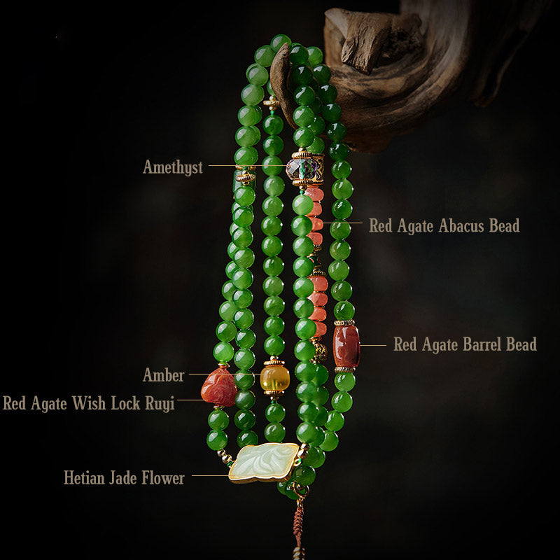 108 Mala Beads Jade Agate Bracelet – Laughing Buddha carving detail in guru bead, sacred focal