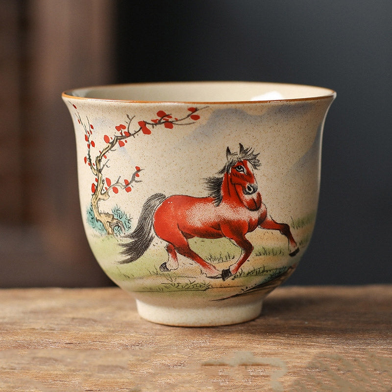 Chinese Zodiac Ceramic Teacup - galloping red horse and plum blossom cup, vintage crackle glaze