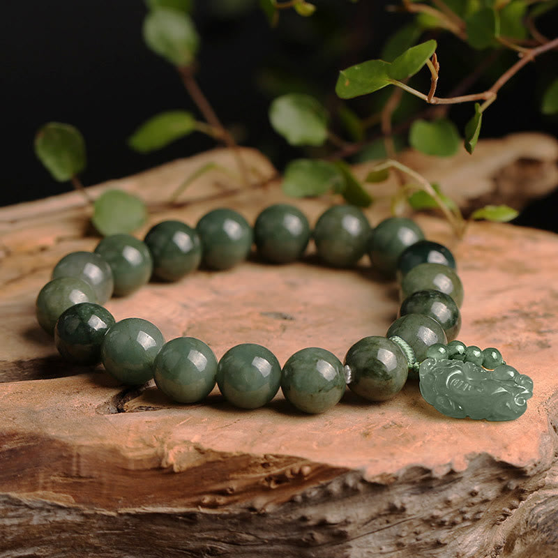 Tibetan Jade PiXiu Prosperity Bracelet – Green jade beads on natural wood slice with foliage, zen wealth bracelet