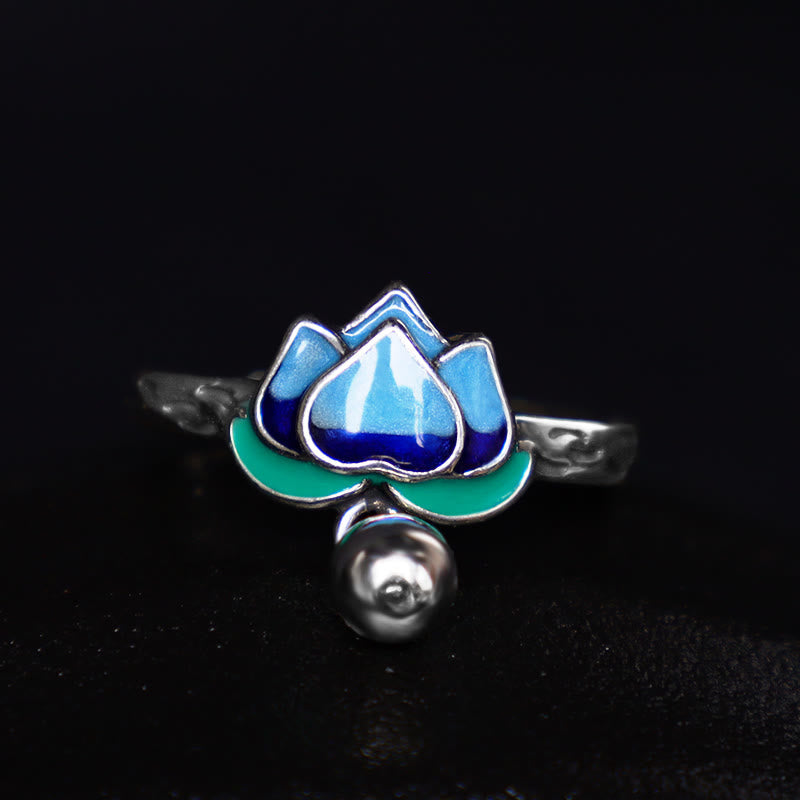 Lotus Flower Copper Ring - ombre blue cloisonne petals and green leaf with dangling charm, bohemian