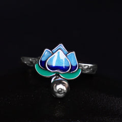 Lotus Flower Copper Ring - ombre blue cloisonne petals and green leaf with dangling charm, bohemian