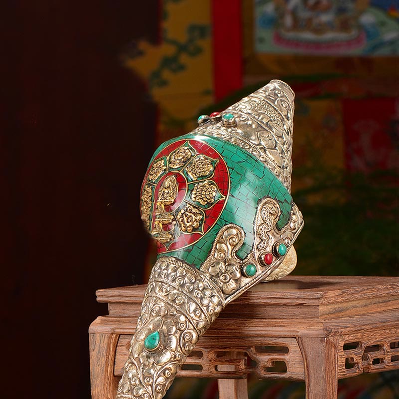 Double Dorje Shankha Conch – in study with Tibetan scripture pages, scholar meditation room decor