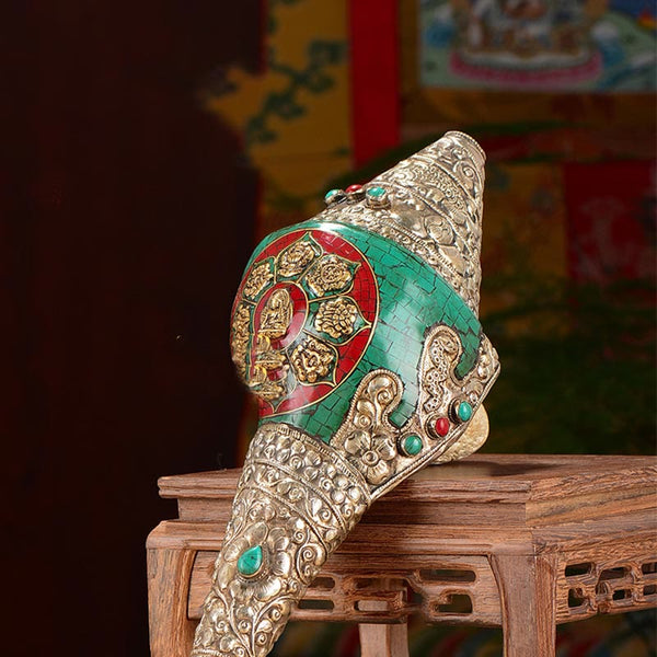 Double Dorje Shankha Conch – in study with Tibetan scripture pages, scholar meditation room decor