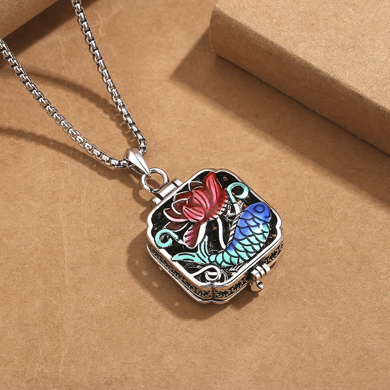 Koi Fish Lotus Ghau Prayer Box Necklace – 45-degree view showing hinge mechanism, cloisonne enamel koi lotus design