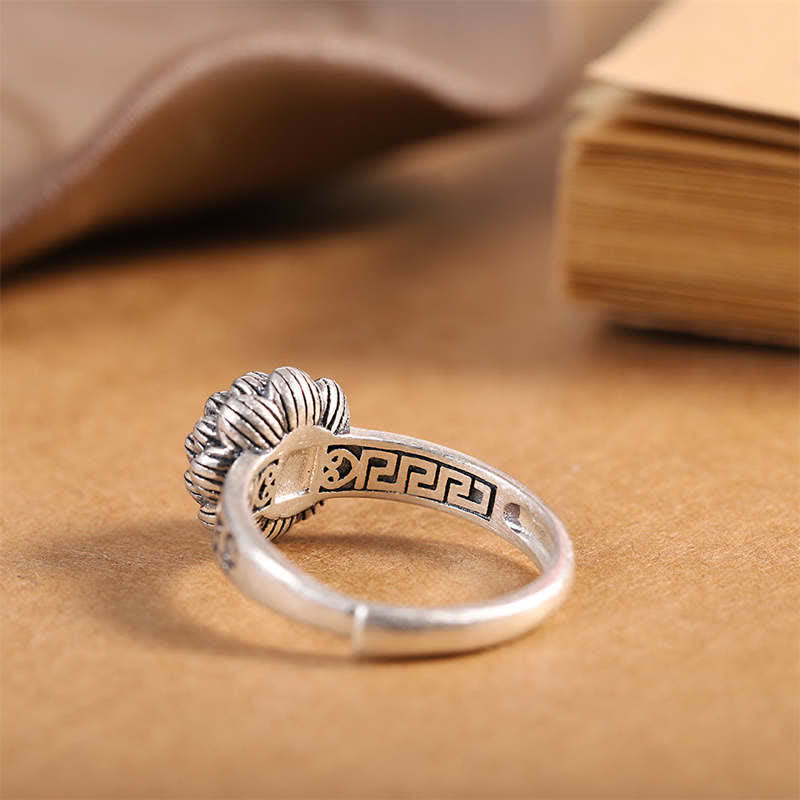 925 Silver Lotus Red Agate Ring – oxidized silver dome ring with engraved Greek key inner band, fluted floral top, artisan jewelry