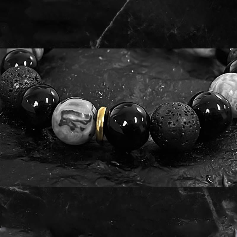Black Obsidian Lava Rock Yin Yang Bracelet - macro on wet dark stone, water droplets, glossy obsidian and lava beads