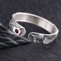 Silver Dragon Phoenix Cuff – Red cabochon stone between mythological terminals, Prosperity