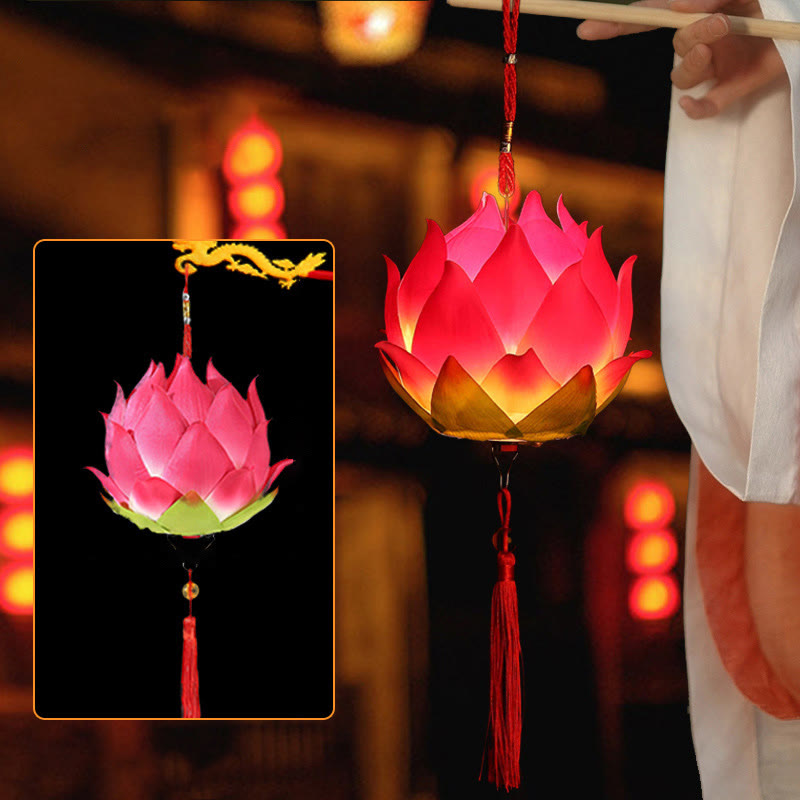 DIY Lotus Dragon Lantern Tassel Lamp – Pink lotus lantern with warm glow in temple setting with hanfu, Cultural glow