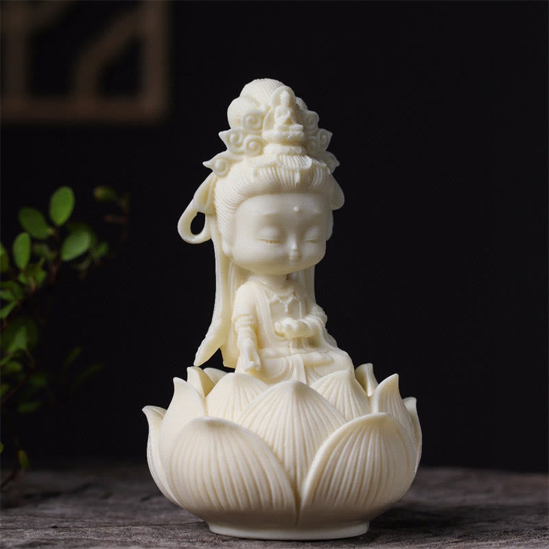 Kwan Yin Ivory Fruit Lotus Decoration - creamy ivory Guanyin figurine meditating on lotus, Compassionate